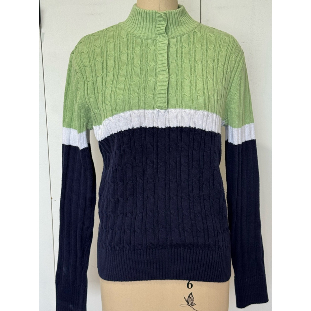 Women's Liz & Co. mock neck cable knit Sweater XL Green Navy Colorblock